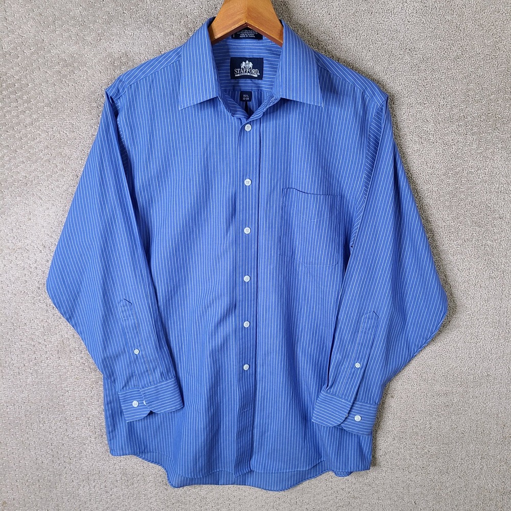 Stafford Shirt Mens 15.5 32-33 Blue Striped Button Down Wrinkle Free Cotton